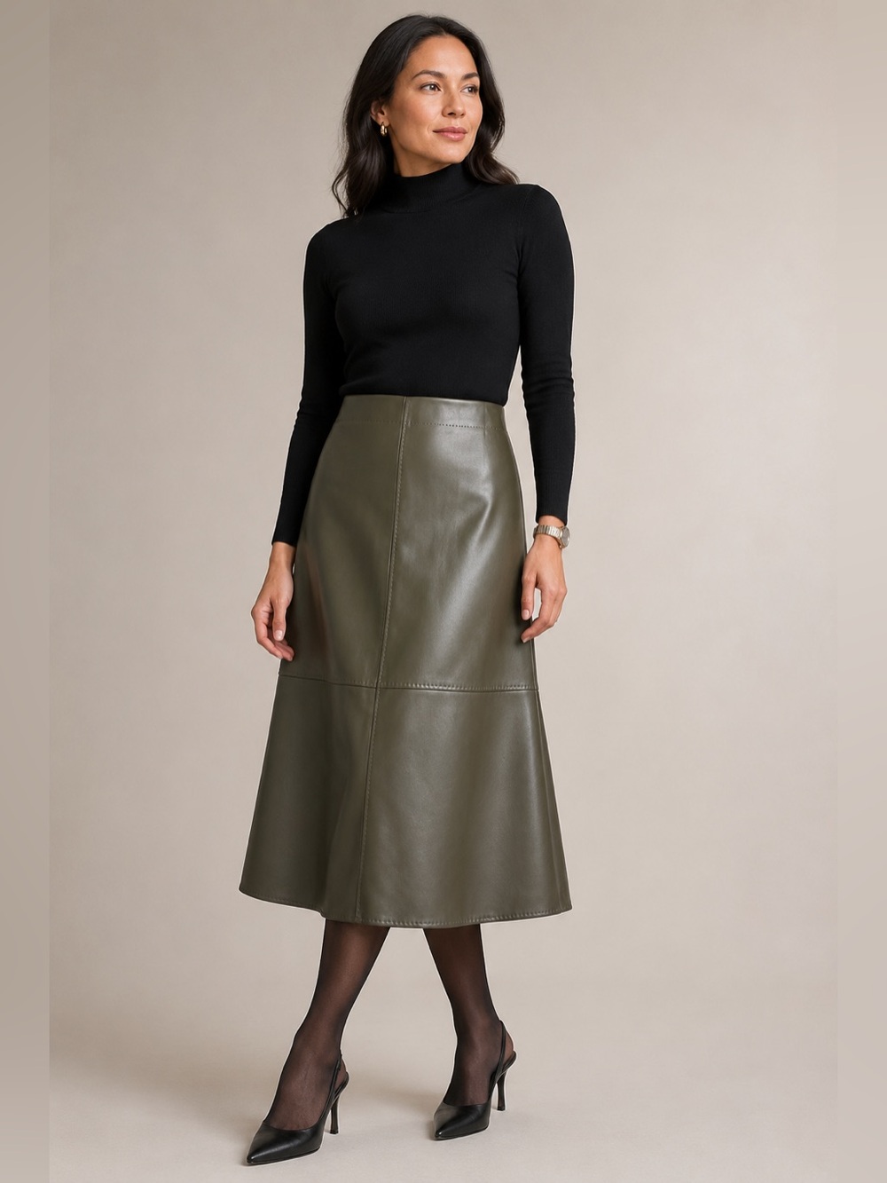 Max Studio Olive Faux Leather Midi Skirt A Line 90s Minimalist Office Chic NWT L